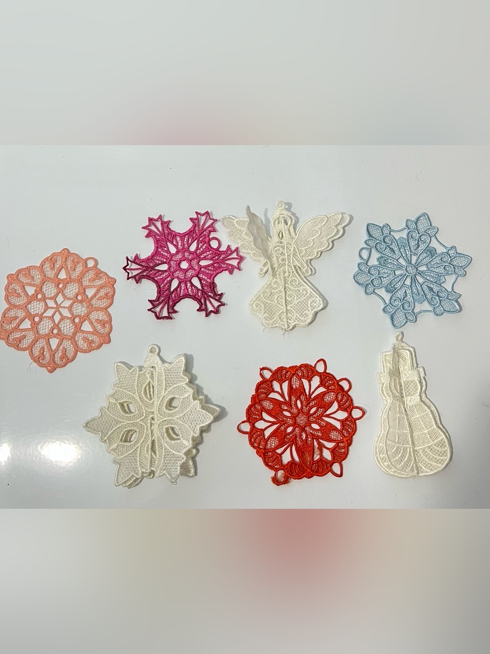 Lot of 7 Vintage Handcrafted Holiday Lace Ornaments - Assorted Colors
